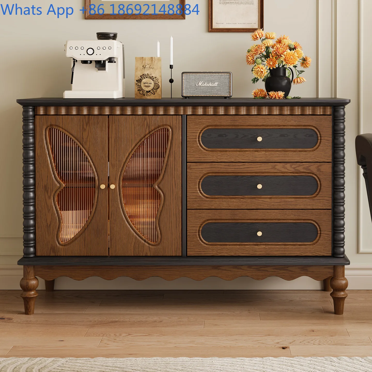 Solid Wood Dining Room Cabinet with Storage Multi Color Entryway Cabinet French Style Decorative Cabinet Vintage Finish