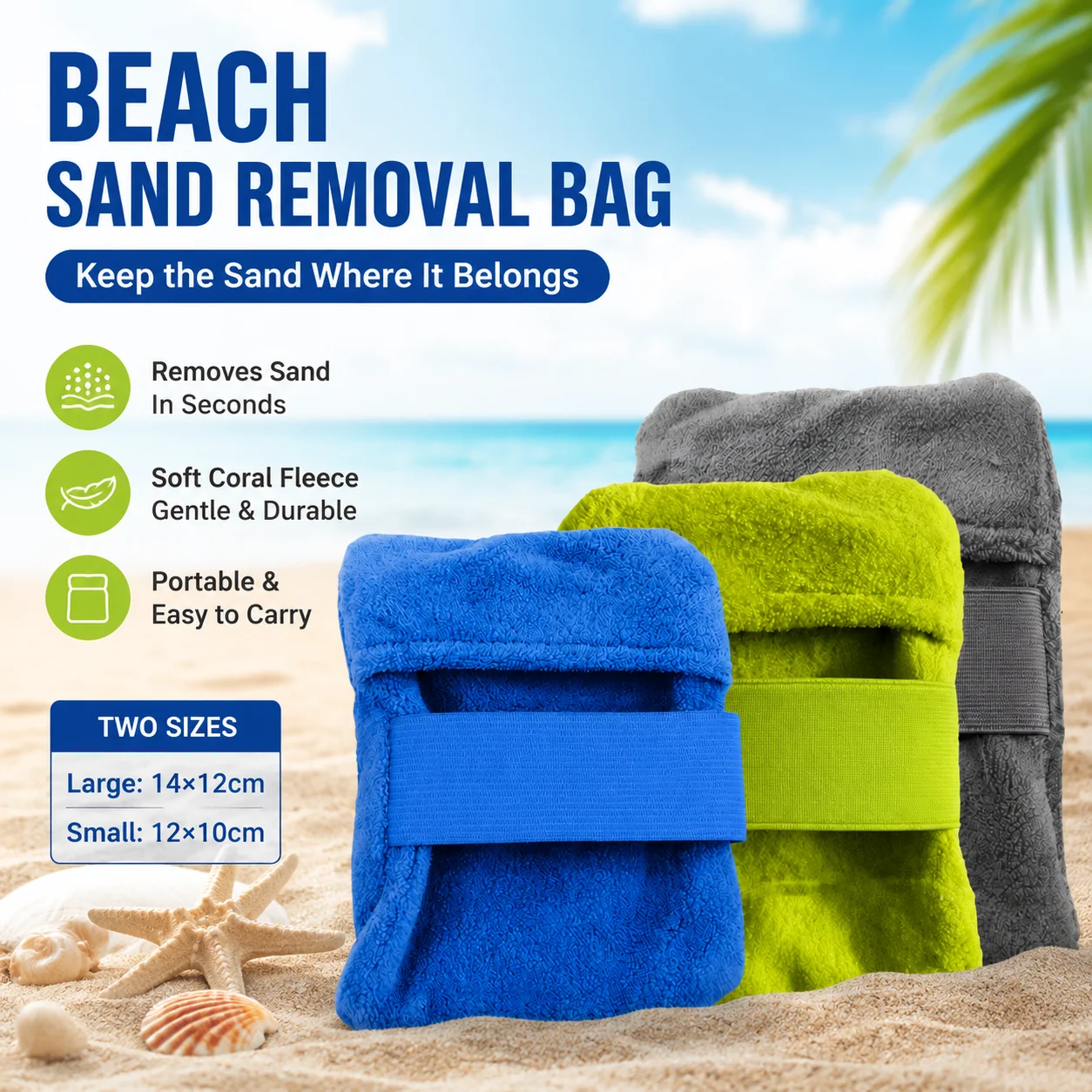 Bolsa para quitar arena de la playa con forro polar de coral, accesorio portátil para acampar en la playa, grande 14x12cm y pequeña 12x10cm