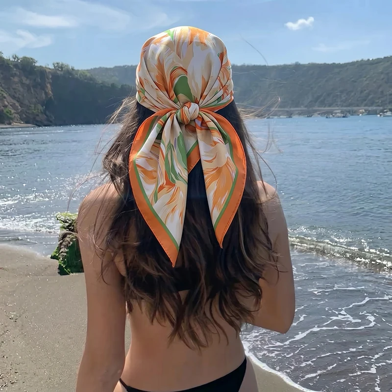 Vintage Silk Square Scarf Soft Sun Block Hijab Abstract Botanical Bandana Beach Outing Hair Neck Wrap Bag Accessory for Women