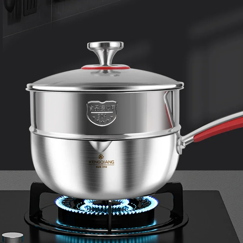 

z Highly Quality 316 Stainless Steel Milk Boiling Pot Kitchen Inductional Base Sauce Pan with Glass Lid Snow Pan
