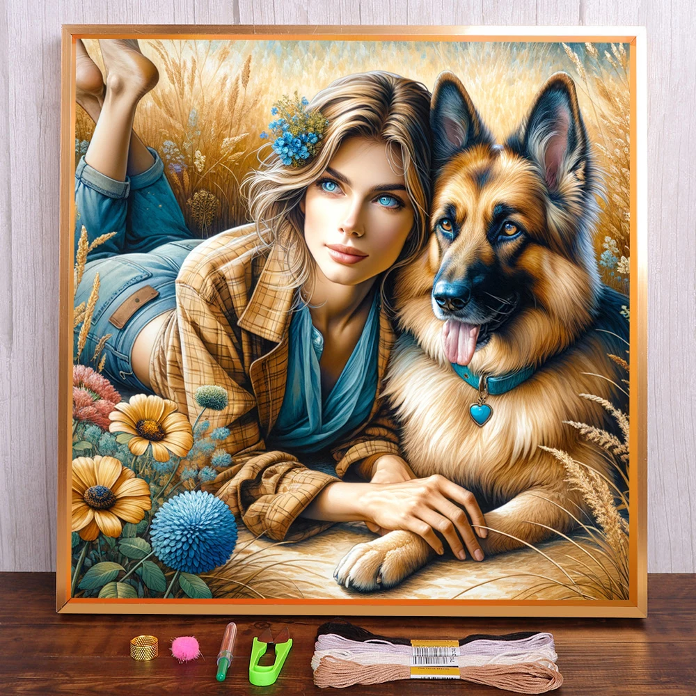 Girl German Shepherd Printed Canvas Cross Stitch Full Kit DIY Embroidery Needlework Hobby Craft Sewing Sales Package Room Decor