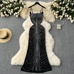 Chic Elegant Fluffy Square Collar rhinestone Slip Dress Sexy French Fashion Slim Evening Party Club Women mesh dresses