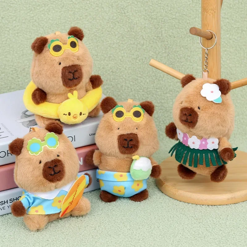 13cm Capybara Keychain Plush Stuffed Animal Toy Hawaiian Summer Swimming Ring Skateboard Accessory Gift for Kids Adults