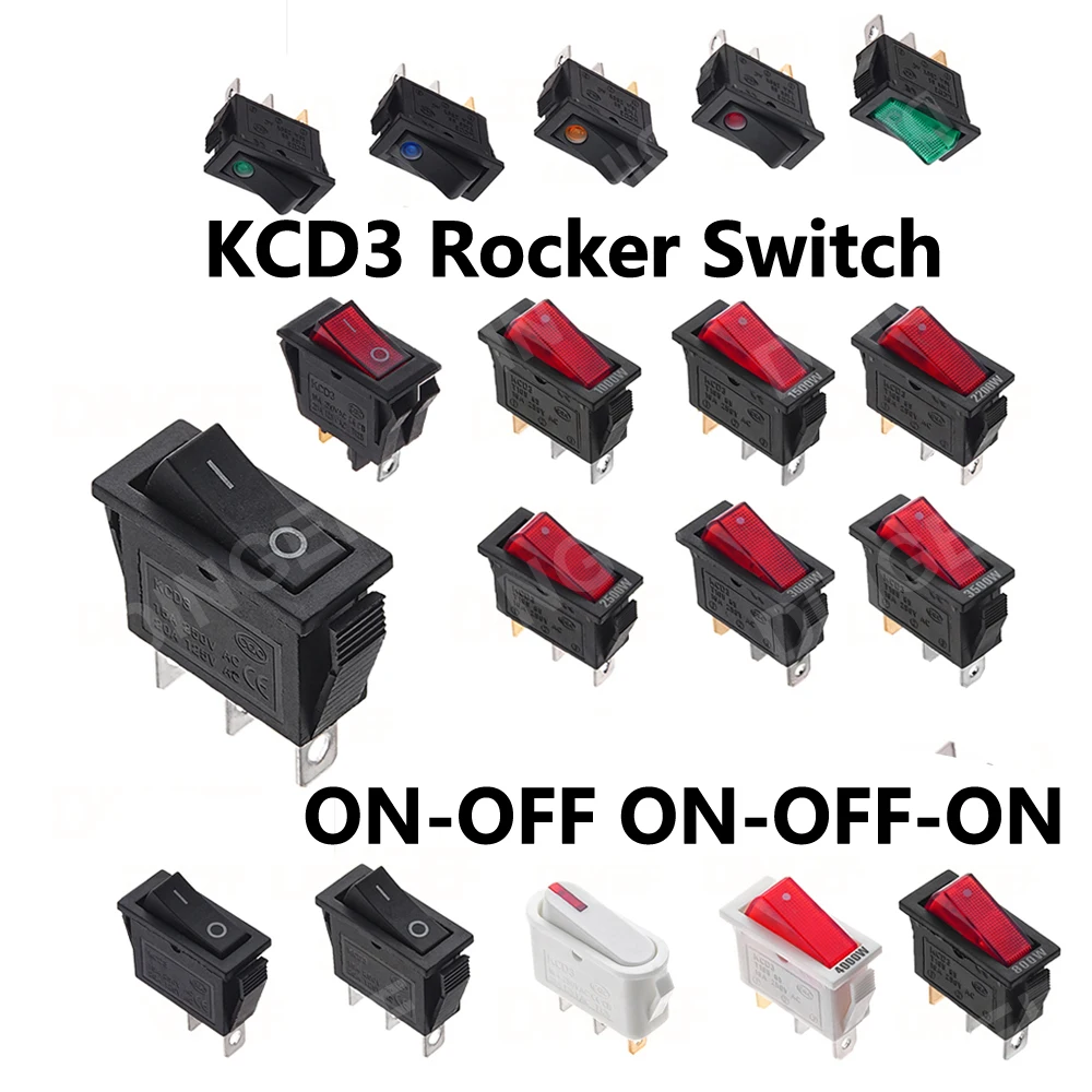 1PCS 16A 250V/20A 125V AC ON-OFF ON-OFF-ON KCD3 Rocker Switch  2 Position 3Pins Electrical equipment With Light Power Switch