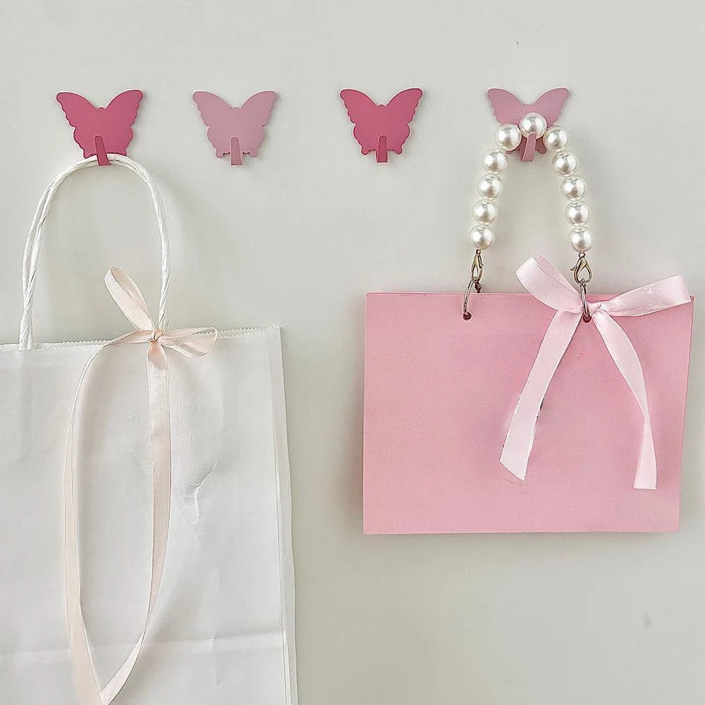 3PC Pink White Butterfly Shape Metal Multi-Purpose Hook Cute Girl Bedroom Wall Sticky Hook Key Mask Organizer Room Decor ﻿