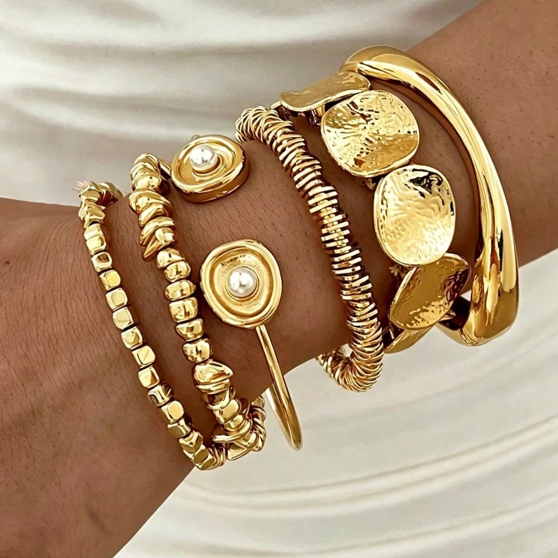 6Pcs/Set Vintage Exaggerated Wide Cuff Imitation Pearl Bracelet Women Trendy Gold Color Smooth Stack Bangle Daily Party Jewelry