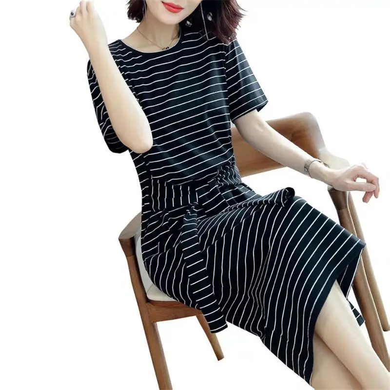 Vintage Striped Bandage T Shirt Dress Summer New Short Sleeve O-Neck Loose All-match Midi Dress Casual Fashion Women Clothing