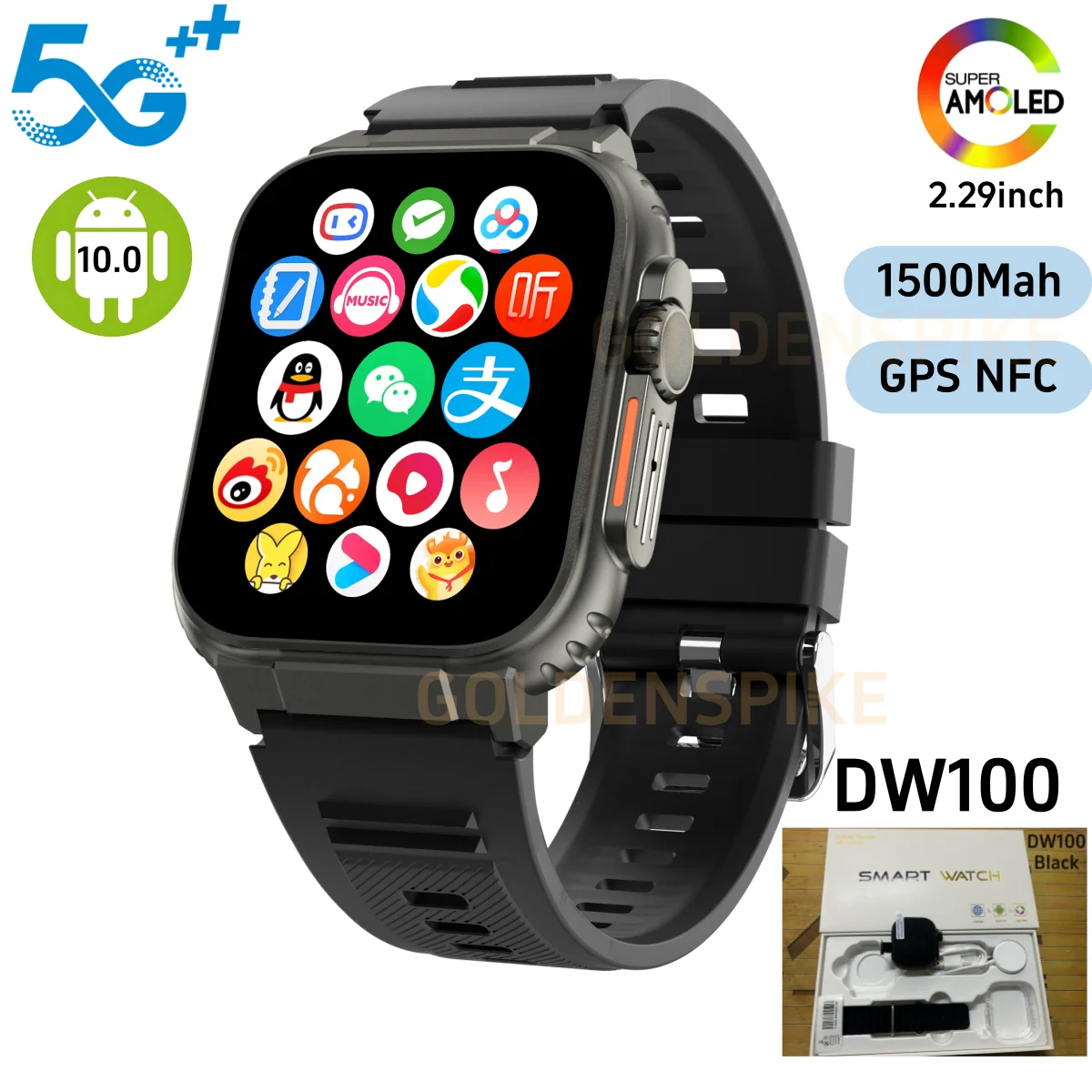 Goldenspike 4G/5G LTE Android Smartwatch DW100 ساعة ذكية مع شاشة كبيرة Amoled 2.29 بوصة بطارية 1500 مللي أمبير في الساعة كاميرا دوارة 800 وات #1