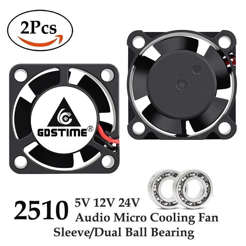 2Pcs Gdstime DC 5V 12V 24V 25x25x10MM Graphics Card Cooling Fan 2510 25MM Sleeve/Dual Ball Brushless 3D Printer Part Radiator