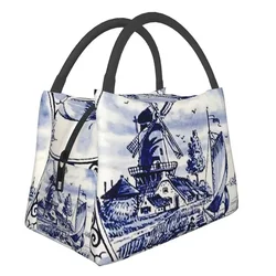 Vintage Windmill Poster In Dutch Blue Delft Insulated Lunch Bags for Work Office Waterproof Cooler Thermal Lunch Box Women