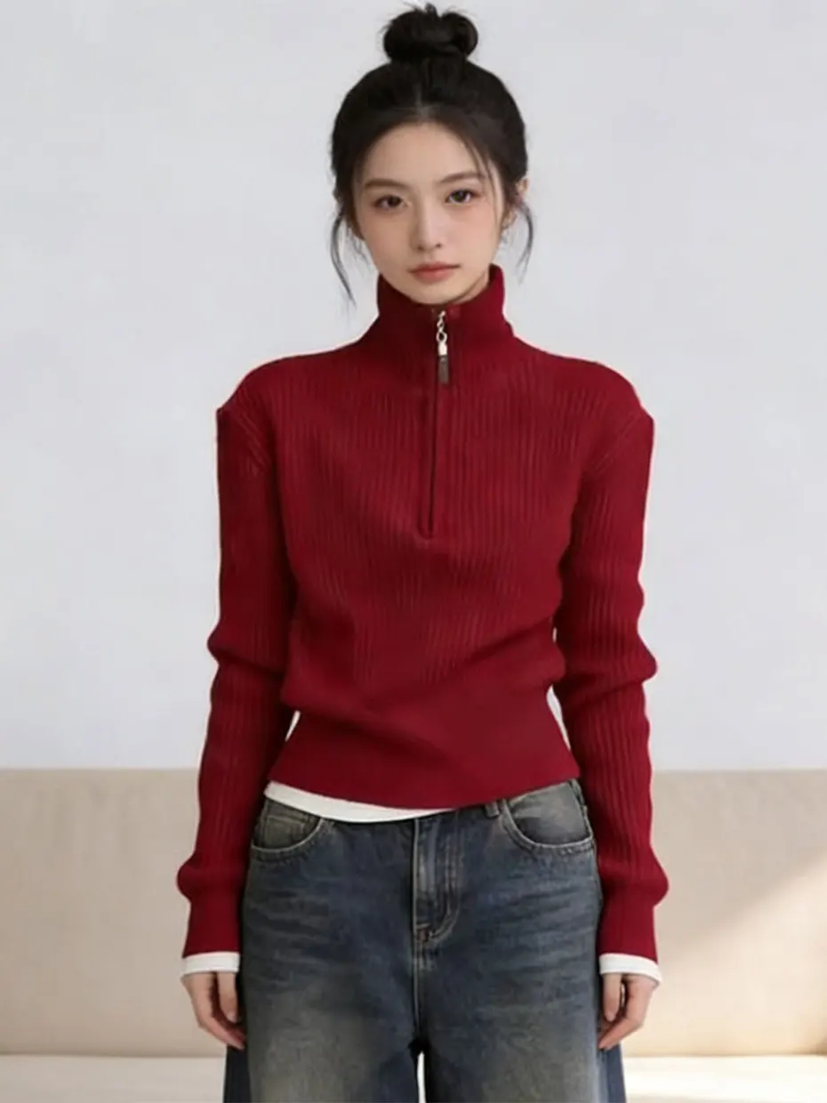 

Red High Collar Sweater Women's Base Layer Shirt Half Zip Knitwear Inner Wear Spring Autumn Fashion Casual Polyester Fiber