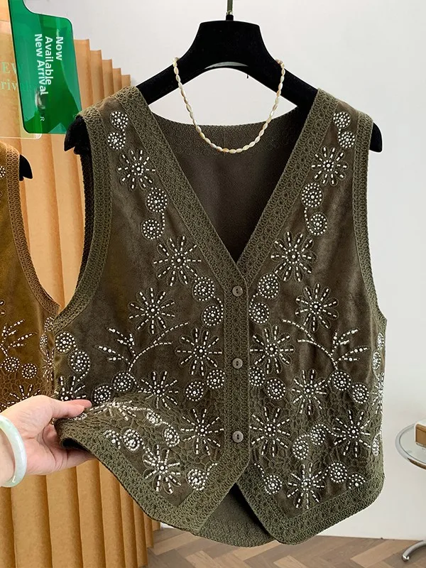 Women's Embroidered Vest Top Outerwear Short Style Single Button Closure Polyester Fiber 2026 Autumn New Arrival