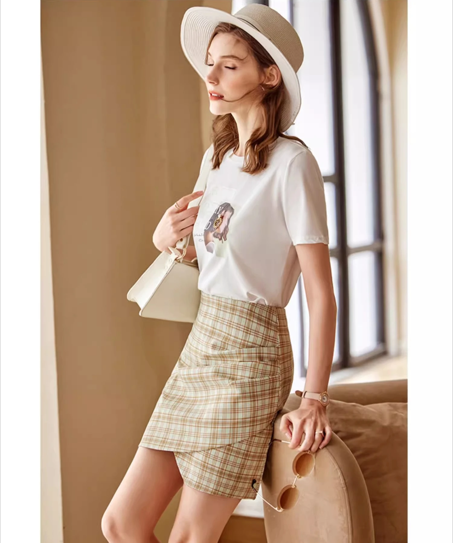 OLrain Women's Irregular Mini Skirts 2025 Summer Ladies Elegant Green Plaid A-line High Waist Skirt Woman Clothing O21XB50525