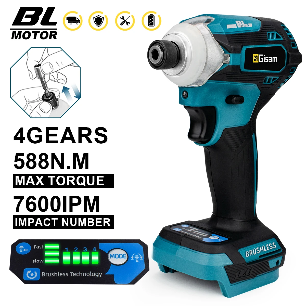 

588N.m Brushless Electric Screwdriver Cordless 1/4inch 4 Speed with LED Driver Impact Drill Power Tools For Makita 18V Battery