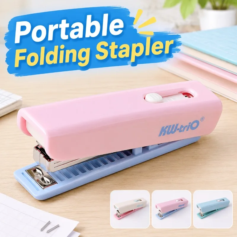 INS Style Mini Stapler, No.10 Folding Portable Binding Machine for Students, Compact Stitcher with Storage Design Study Document