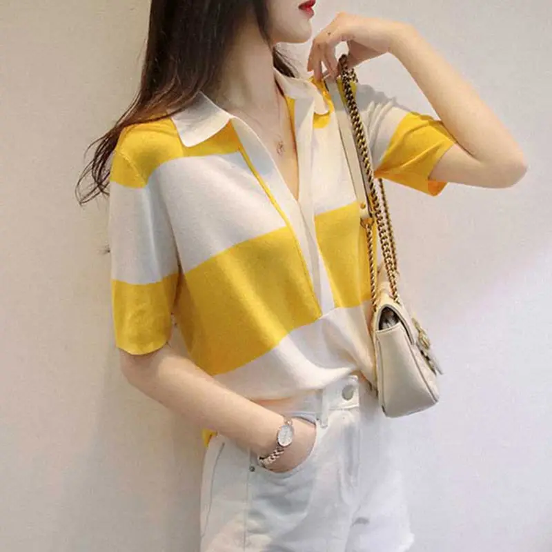 Fashion Lapel 2022 Summer New Spliced Oversized Blouse Short Sleeve Commute Pullovers Loose Casual Women\'s Clothing Shirt