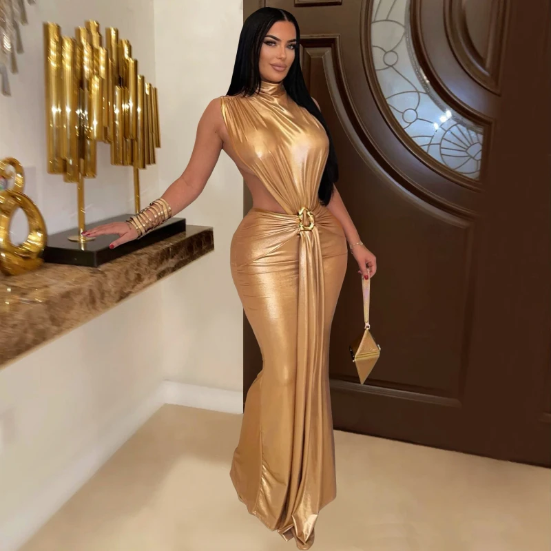 Abito maxi aderente da donna sexy senza maniche con collo alto Abito elegante da club party con nastro laterale con spacco alto e scollato