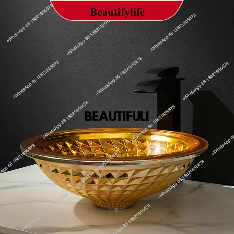A17  Gold color electroplated tempered glass countertop basin, oval cracked silver color washbasin, crystal style washbasin