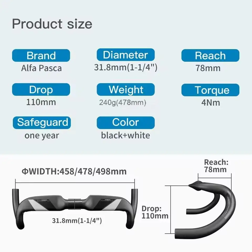 Alfa Pasca Road Bicycle Handlebar Racing Bike Handlebars UD Matte Carbon Bent Bars Reduce Resistance 458/478/498 Bike Accessorie