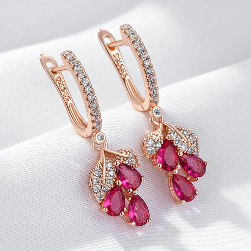 Kienl Hot 585 Rose Gold Color Flower Drop Earring for Women Fashion Red Natural Zircon Accessories High Quality Daily Jewelry
