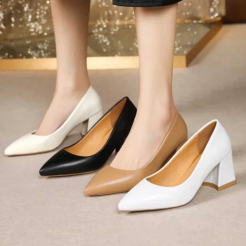 Women High Heel Pumps 2025 Thick Heels Women Shoes Solid Color Pointed Toe High Heel Office Shoes New Woman Shallow Casual Shoes
