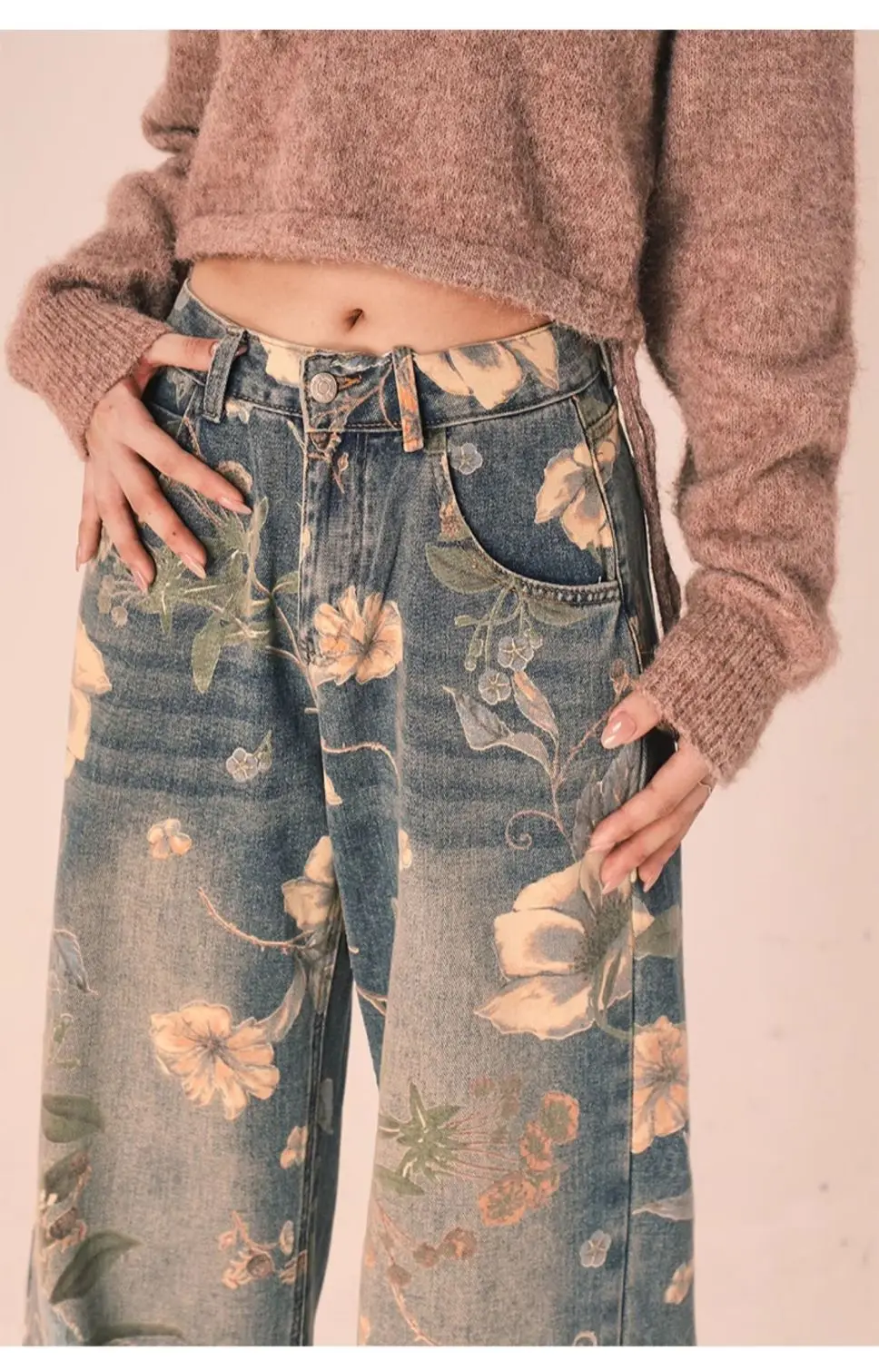 Retro Styles Floral Printed Jeans For Women Straight Leg Loose Wide Leg Baggy Trouser