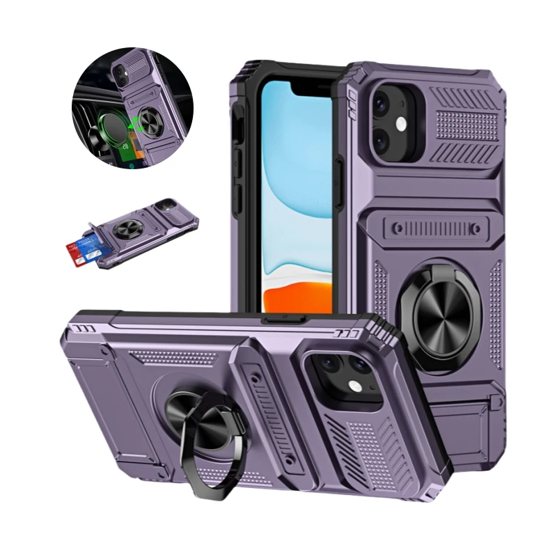 For iPhone 11 Anti Shock Car Magnetic Ring Holder Armor Case For iphone11 Kickstand Bracket Hidden Card Slot Wallet Back Cover