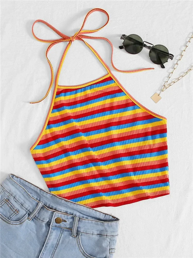 

Rainbow Rib-knit Striped Halter Top Women Summer Y2K Clothes Sexy Korean Fashion Backless Sleeveless Crop Top Streetwear 2023