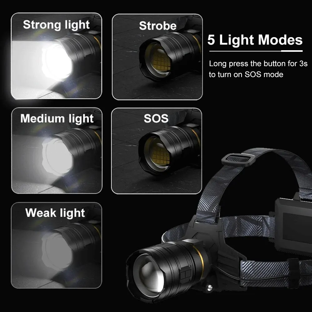 XHP360 Zoom LED Headlamp 36 LED Beads 18650 Rechargeable Adjustable Brightness Light For Fishing Camping Hiking