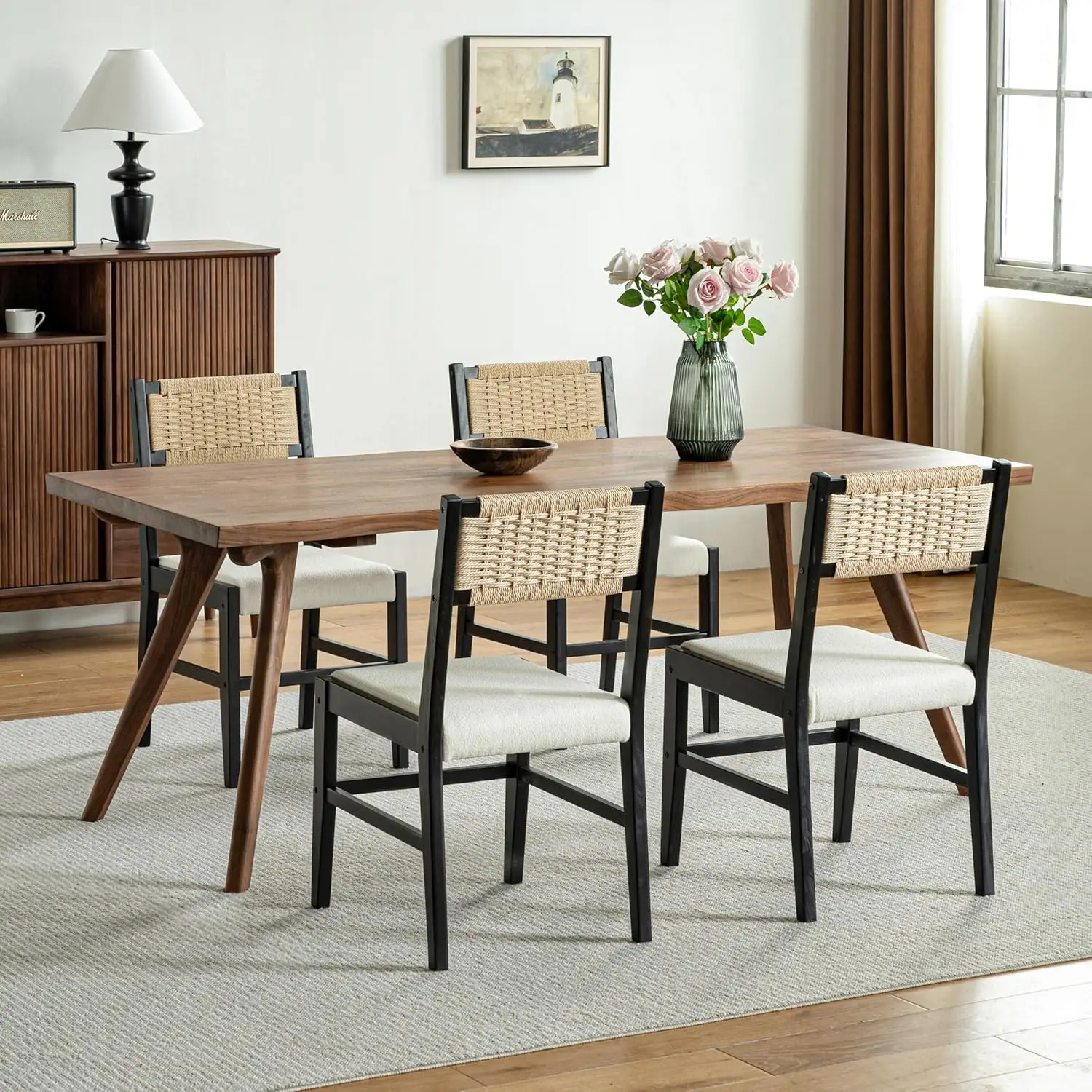 

Mid Century Linen Dining Chairs Set of 4, Farmhouse Boho Upholstered Kitchen & Dining Room Chairs, Grey Seat & Brown Legs