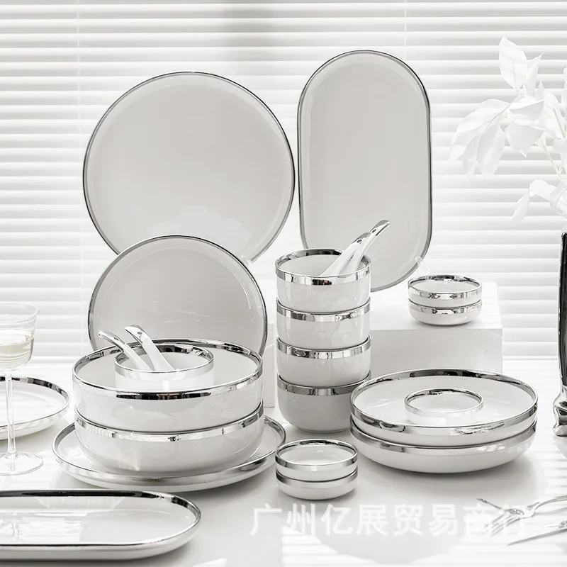 Silver Edge Full Tableware of Plates Dinner Set White Plate Dish Kitchen Dishes Dinnerware Dining Bar Home Garden