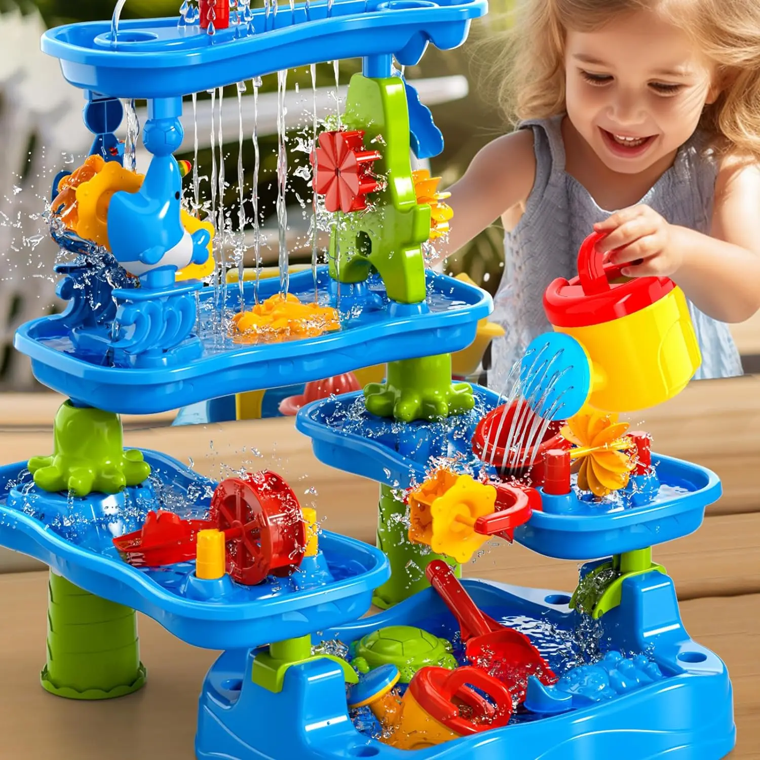 Sand and Water Table Toy for Kids, 5 Tier Showers Pond Table, Kids Play Activity Summer Outdoor on Beach Backyard Age 3-5 Up