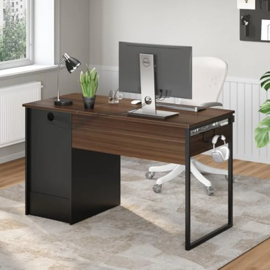 Home office computer desk with drawers, industrial wood writing desk in brown, featuring file drawer, keyboard tray 2 hooks for