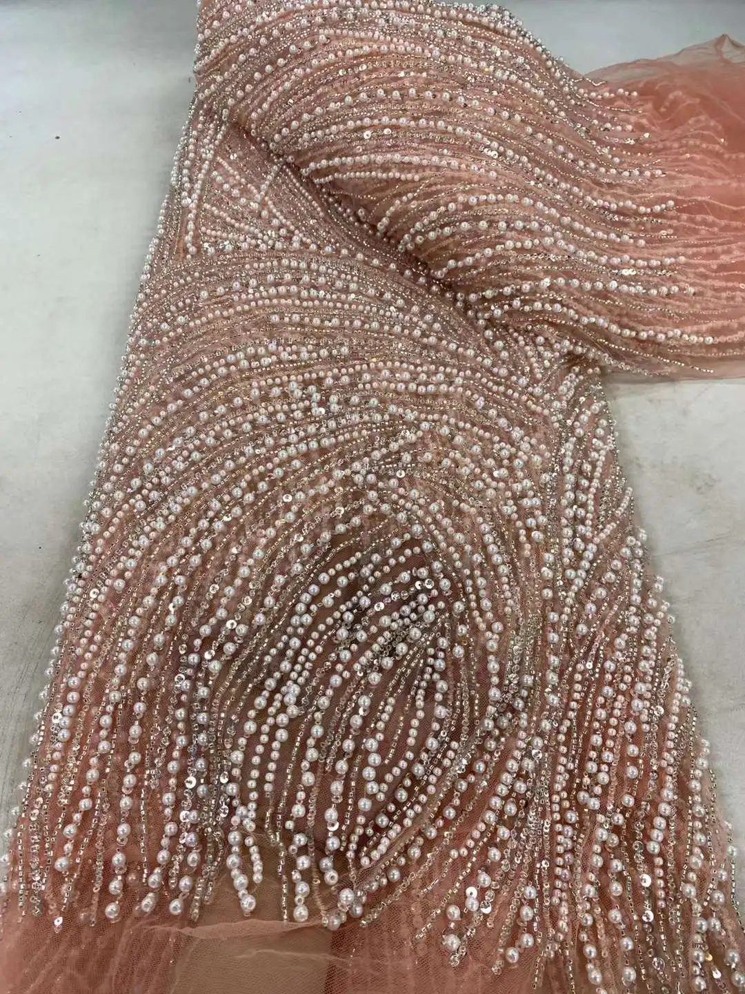 Gold African Beads Lace Fabric 2024 French Lace Fabrics Nigerian Sequins Embroidery Net Lace Fabrics For Bridal Party Dresses