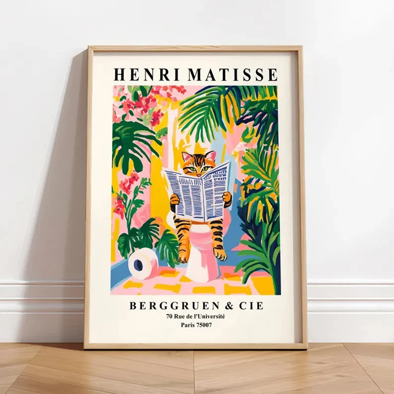 Tabby Cat on A Toilet Poster Funny Bathroom Wall Art Matisse Print Mid Century Modern Canvas Painting Pink Dopamine Home Decor