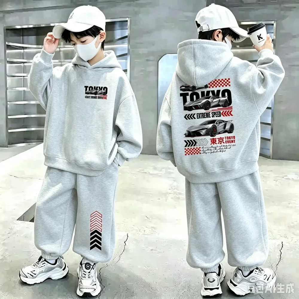 Athletic set for boys and girls (autumn/winter)—a two-piece outfit featuring a long-sleeved hoodie and fleece-lined pants.
