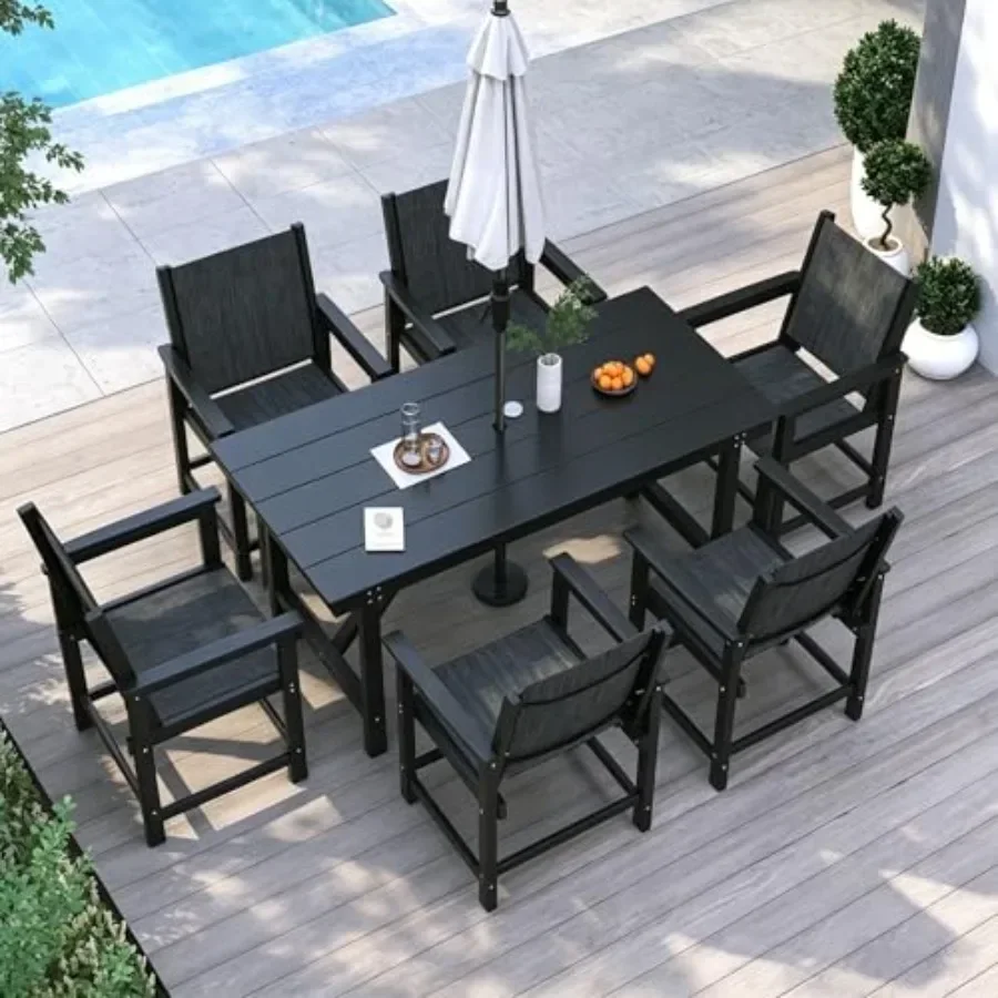 Outdoor dining table for 6, HDPE material, gray, weather-resistant and eco-friendly