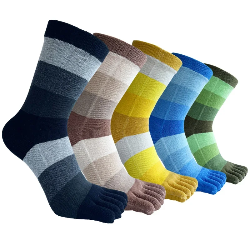 Мужские носки с пятью пальцами, короткие деловые платья из чистого хлопка, повседневные полосатые антибактериальные дышащие теплые мягкие эластичные носки