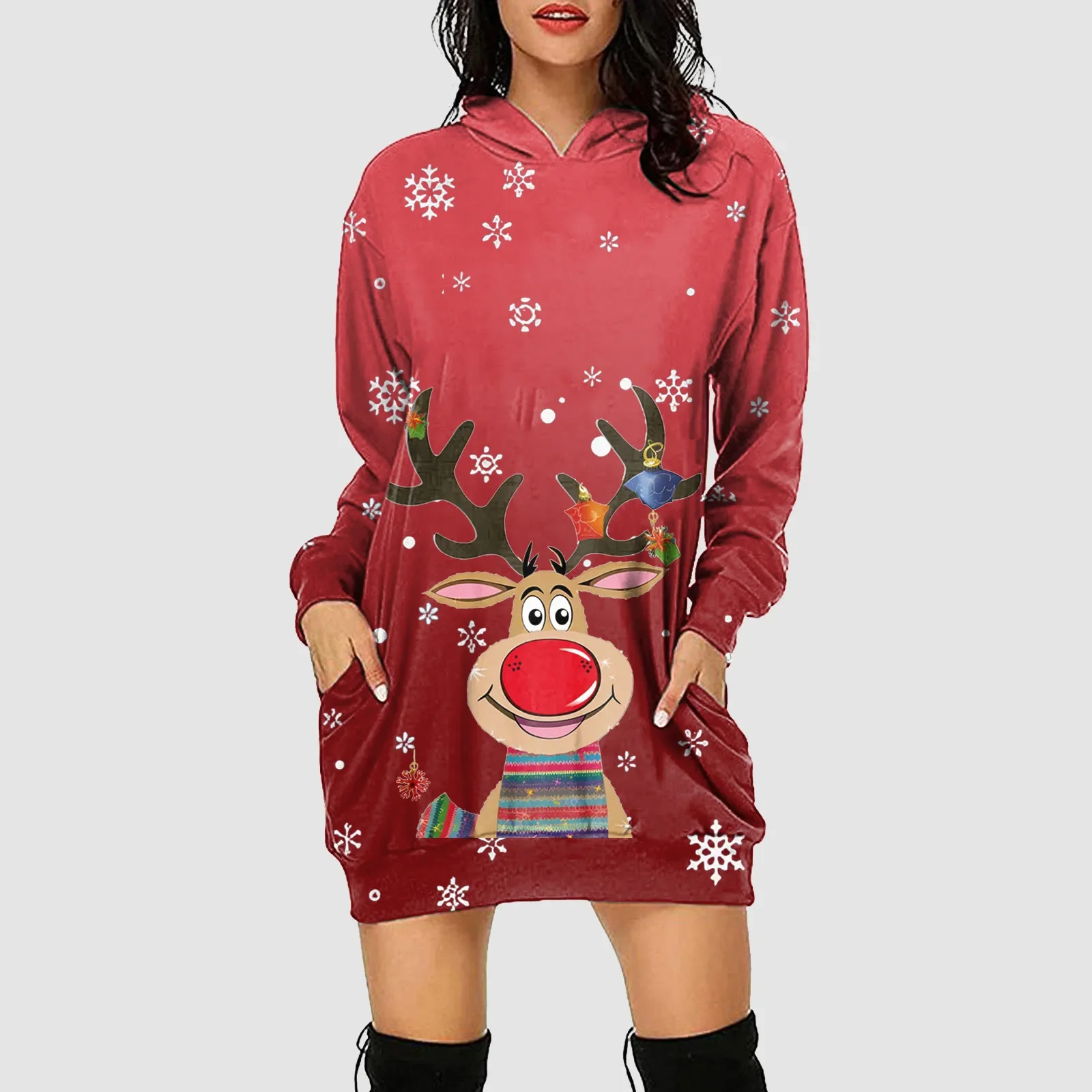 Merry Christmas Elk Prints Hoodies Dress Women Bag Hip Plus Size Long Sleeves Hoodies Sweatshirts Dress With Pockets Vestidos