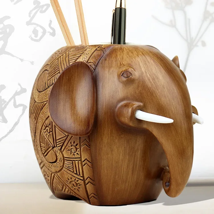 Elephant Pencil Holder Creative Wooden Carving Pen Holder Wooden Desk Pencil Holder Stand for Multi-Purpose Pencil Bowls