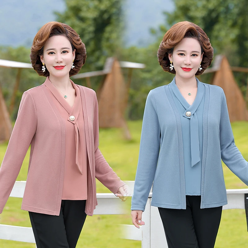 Fake Two Pieces solid color streamer T Shirt Women Long Sleeve Top Pullovers Spring Fall New Mother Tee Shirt Femme 2022