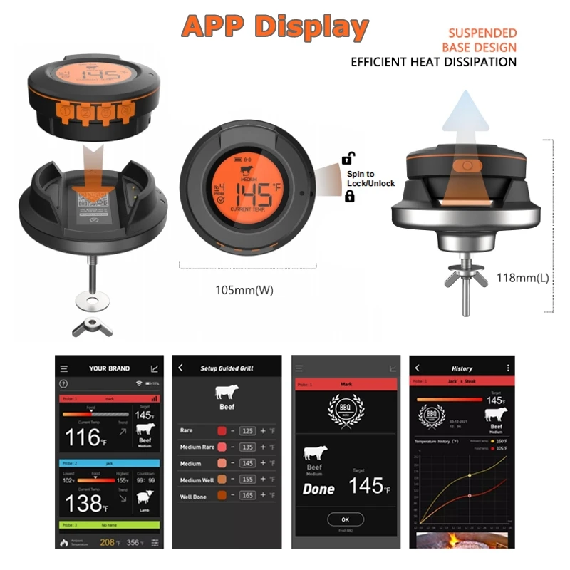 Imagem -04 - App Digital ao ar Livre Churrasco Forno Grill Carne Termômetro com Sondas Ajuste de Temperatura Temporizador sem Fio Cozinha Comida Termômetro