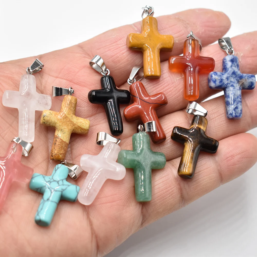 Großhandel 12 Stück/Set modische Naturstein-Mix-Kreuzanhänger 25x18mm für Schmuckherstellung, Charm-Halsketten-Zubehör, kostenloser Versand – Detail 2