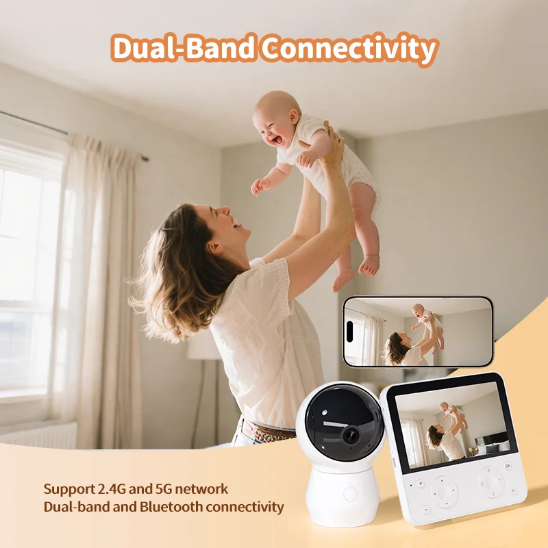 4MP Baby  5.5'' Display 1080P Two-Way Audio Face Masking Alarm Temp&humid Detection Lullaby IP65 Waterproof Pan-Tilt
