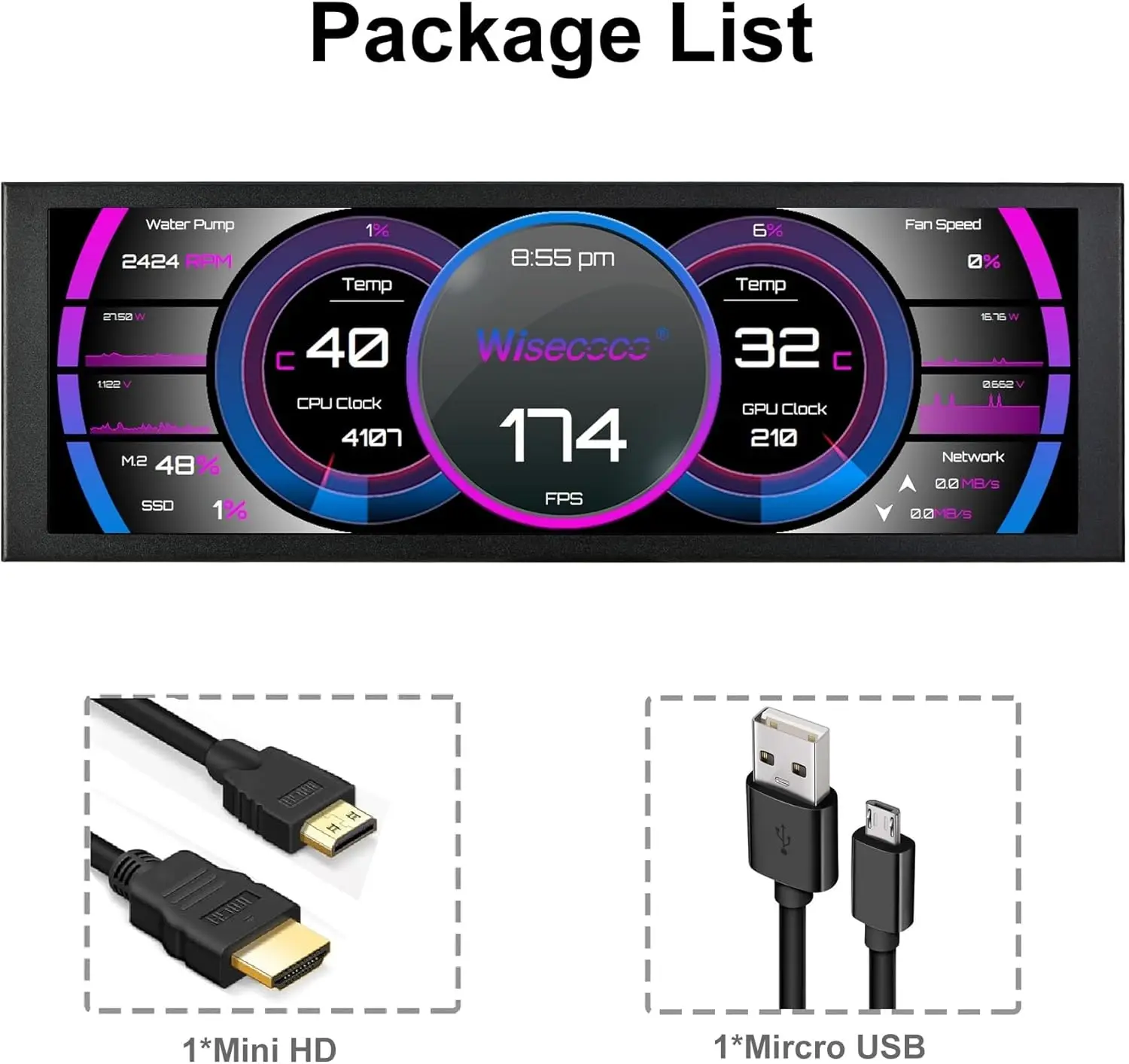 Wisecoco 7.84 Inch1280x400 Secondary Monitor Mini Portable Monitor Auxiliary Aida64 Sub Display For PC CPU GPU SSD Monitoring