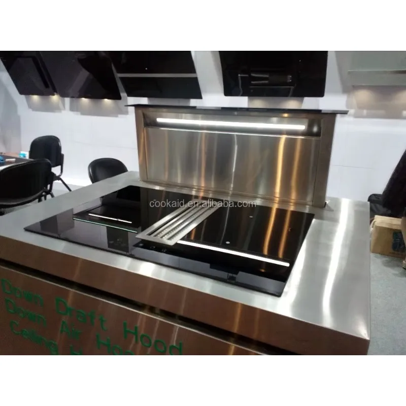 Table de cuisson à induction professionnelle personnalisable en acier inoxydable à 4 brûleurs avec hotte aspirante intégrée