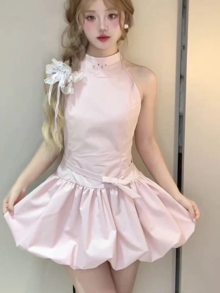 فساتين هاراجوكو للسيدات ذات رسن متين Y2k فستان حلو بحزام جمالي 2025 ملابس صيفية ضيقة مع رسن مطوي Vestitos