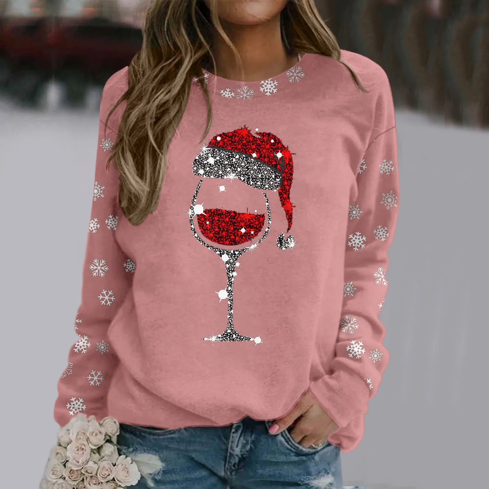 Christmas Print Red Wine Cup T-Shirt Women'S Fashion Casual Round Neck Long Sleeve Pullover Sweater New 2024 Femme Clothing Tops