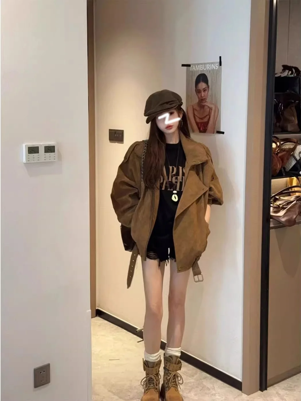 Suede Motorcycle Jacket Women Loose Design Collar Workwear Style Retro Fashion Outerwear Mid-Length Zipper Closure Coat