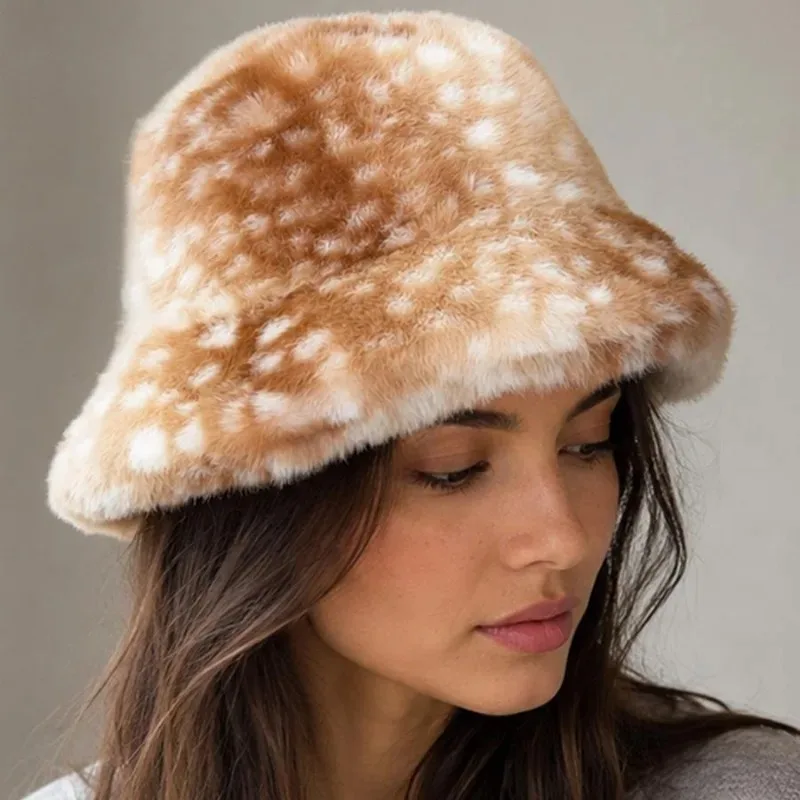 Fashion Deer Spots Plush Scarf Beanie Hat Winter Warm Thick Fleece Neck Gaiter Fisherman Cap Coldproof Outdoor Unisex Cozy Wear